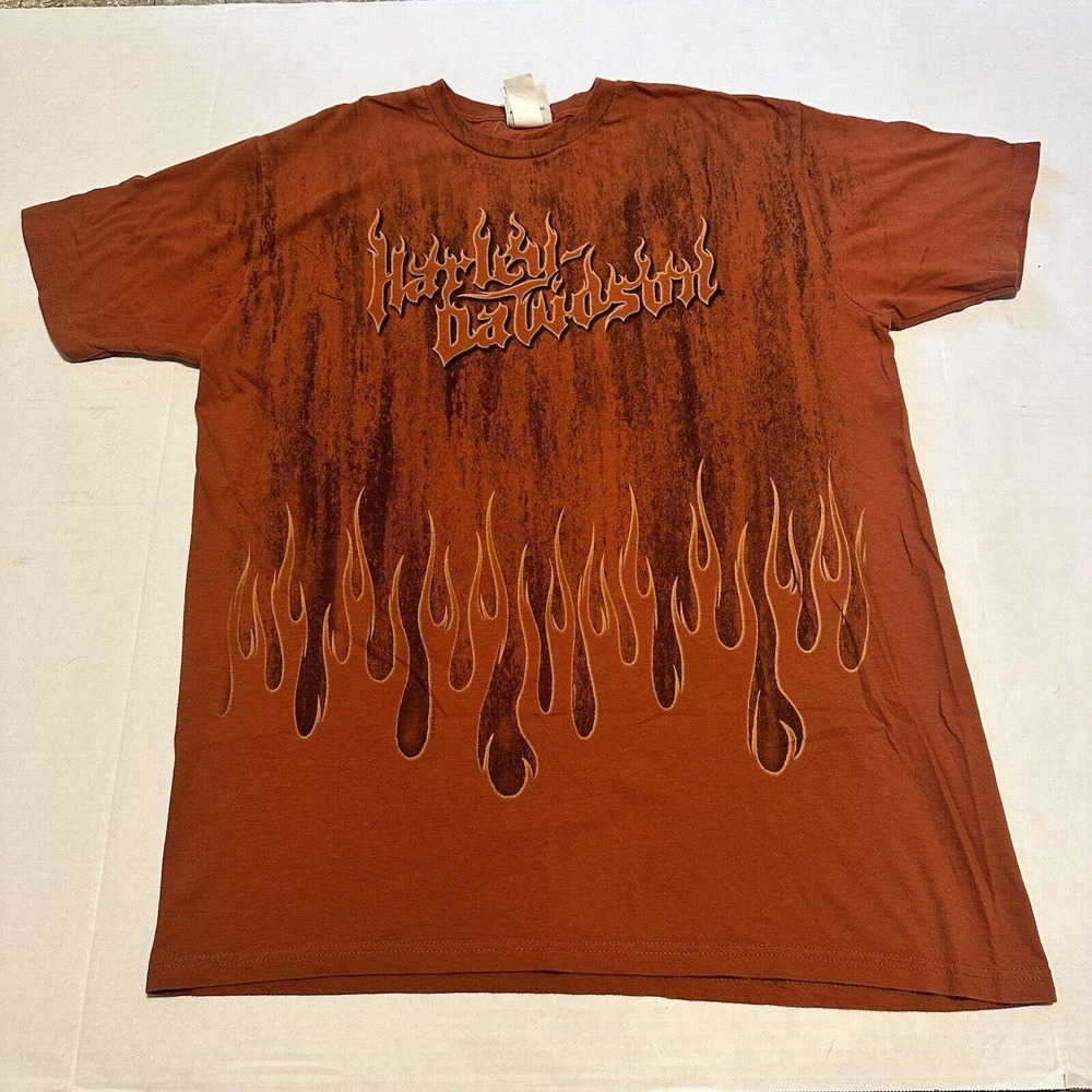 Vintage Harley-Davidson Shirt Orange Flames Central Maine Harley-Davidson - XL